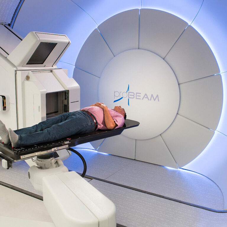 Male cancer patient being treated for prostate cancer with proton beam therapy
